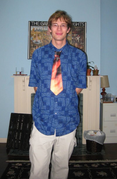 Blue print shirt, flame tie, win.