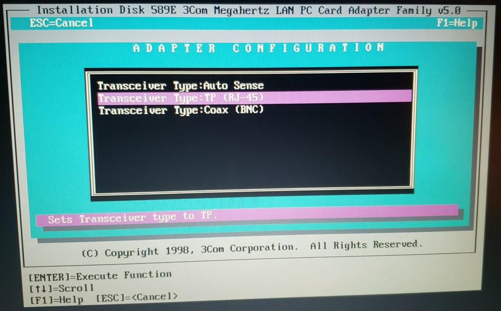 Transceiver Selection screen of the 3Com 589 DOS configuration utility.