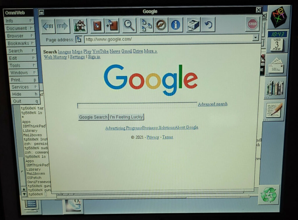 Google being displayed in OmniWeb 3.1 on OpenStep 4.2.  In 2021.