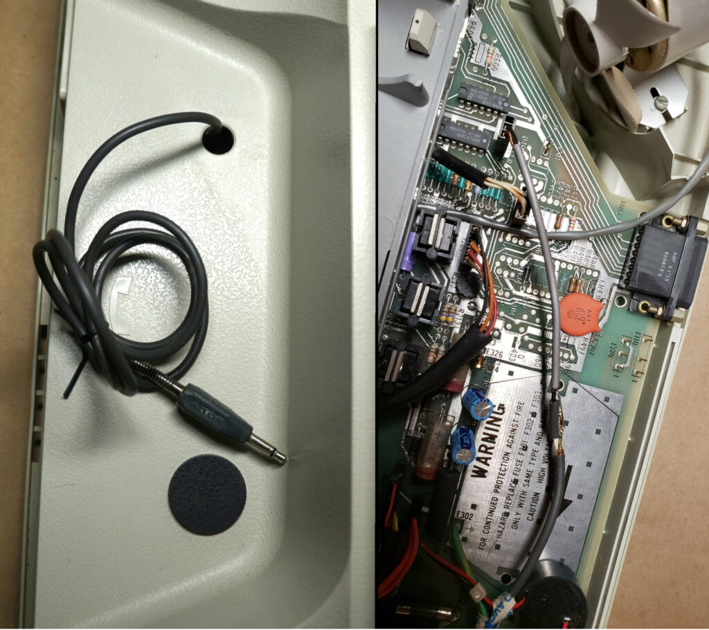 Internal and external views of the (mostly absent) acoustic coupler mechanism.  Note "Sony" cable and homey soldering job.