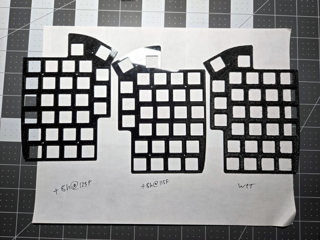 Sample prints of the same filament under additional levels of drying.